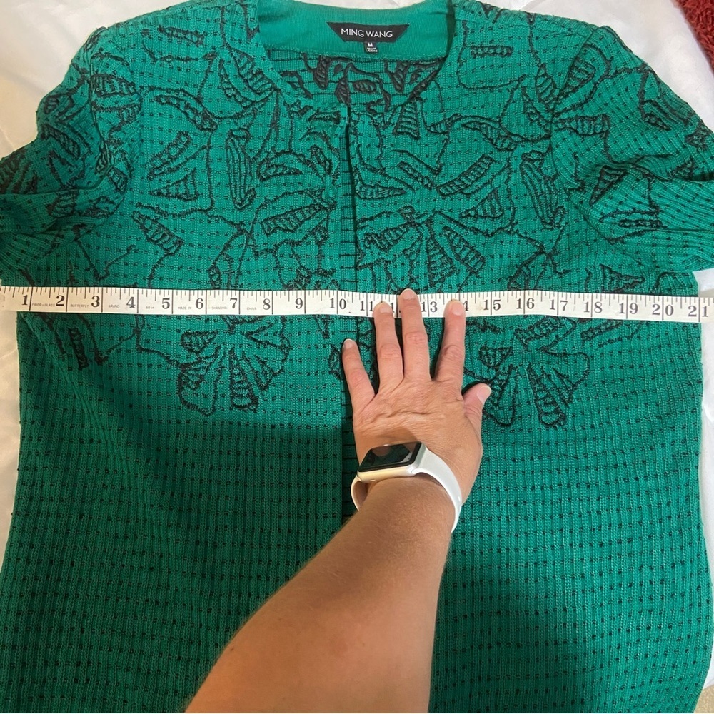 Ming Wang Green Knit Jacket with Black Floral Design - Picture 7 of 13